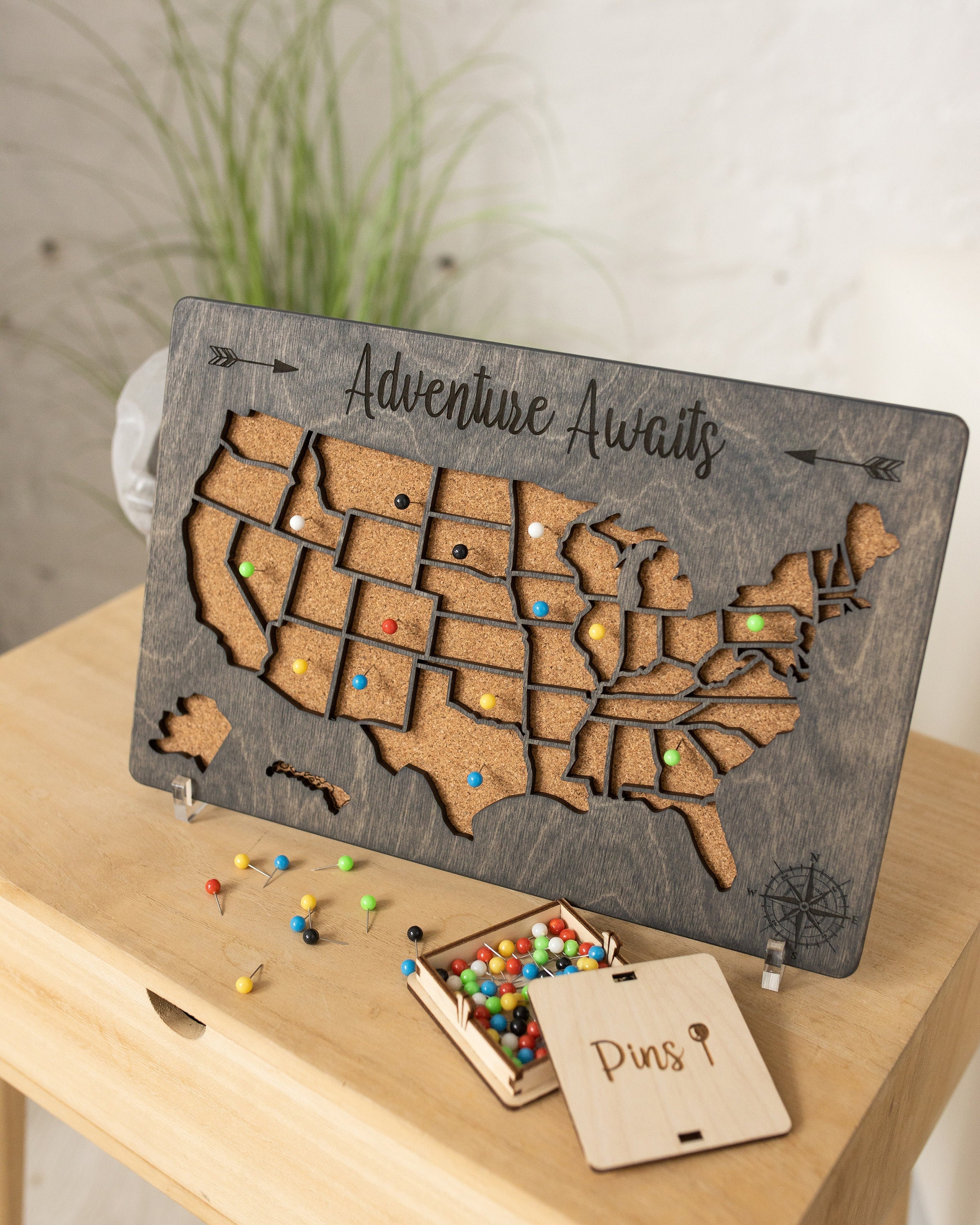 Push Pin USA Map Travel Map For Couples Gift, Wooden Map Of United States One Year Anniversary Gift, Personalized Cork Board Map With Pins
