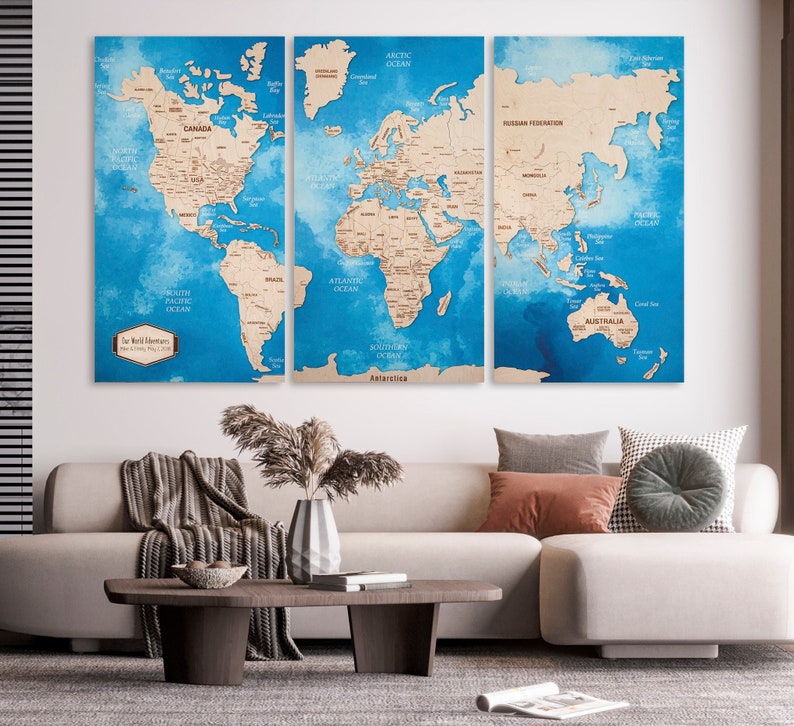 3D Weltkarte, Kork Weltkarte Wandkunst, hölzerne Weltkarte Push Pin, personalisierte Reisekarte, über dem Bett Dekor, Pinnwand Wohnung Dekor Bild 3