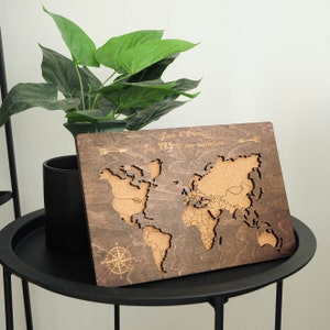 Carte du monde Push Pin, Cork Board Carte du monde en bois, Carte de voyage personnalisée, Décoration de lappartement Carte en bois du monde image 8