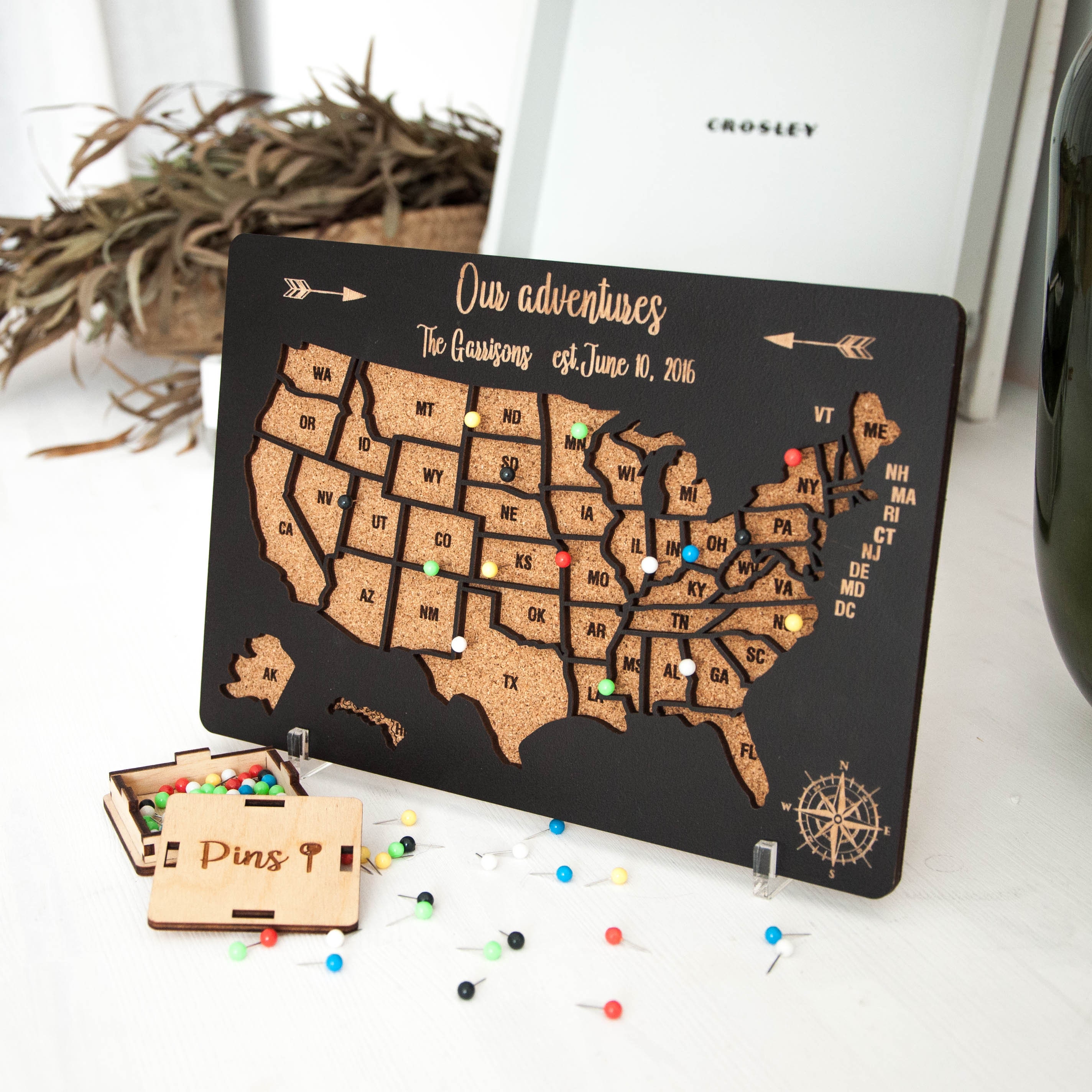 US Travel Map, Push Pin Map, Couples Gifts, Wood Map of United States ...