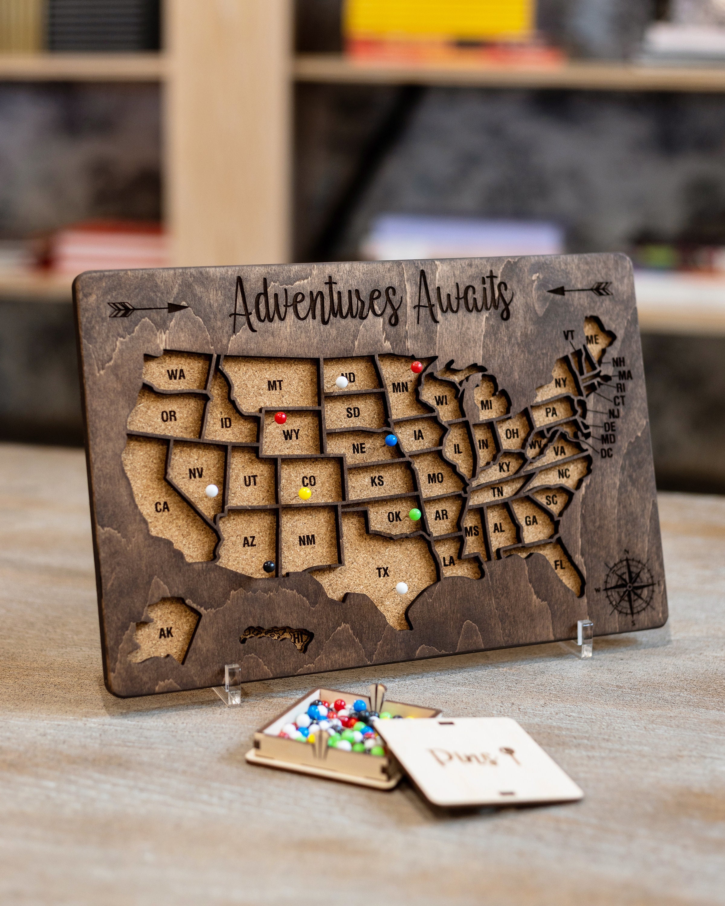 USA Push Pin Map Sympathy Gifts, United States Travel Map Shelf Decor Engagement Gift, Cork Board 5th Anniversary Gift, Mothers Day Gift