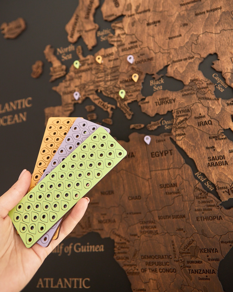 World Map Wall Art Push Pin Map, Cork Board Wooden Travel Map Wall Decor, Wood Wall Map 5th Anniversary Gift, 3 Panel Wall Art image 10