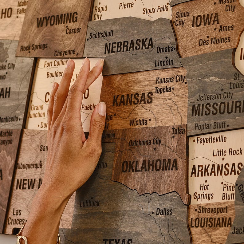 Close-up of United States map wall hanging showing engraved details