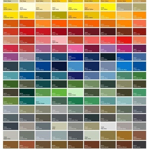 May include: A colour chart with 100 different paint colours, organised in a grid. Each colour is labelled with a number and a name. The colours range from light to dark, and from warm to cool.