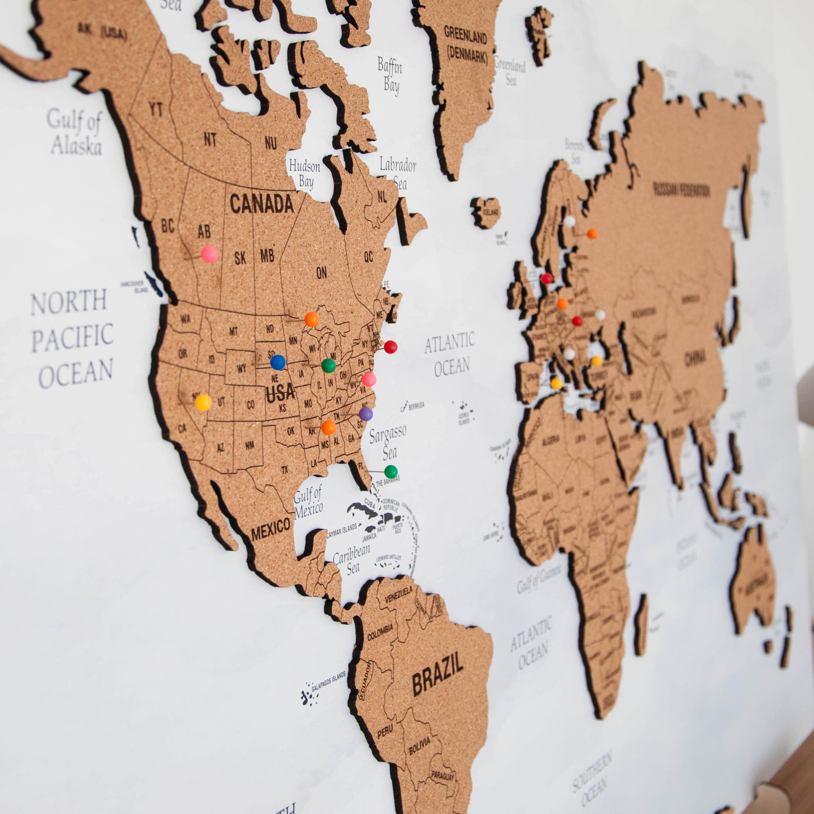 Push Pin World Map Wall Art, Couples Travel Map With Pins, Wooden