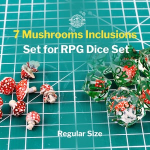 May include: A set of seven clear, green, and red dice with mushroom designs. The dice are on a green cutting mat. There are also seven small red and white mushroom figurines on the mat. The text "7 Mushrooms Inclusions Set for RPG Dice Set" is at the top of the image. The text "Regular Size" is at the bottom of the image.