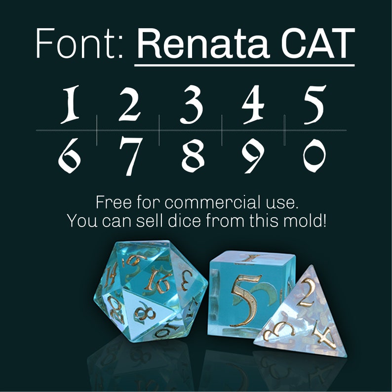 May include: A set of three turquoise dice with gold lettering. The dice are numbered 1 through 6, 5, and 2. The font used for the numbers is called Renata CAT. The text "Free for commercial use. You can sell dice from this mold!" is also included in the image.