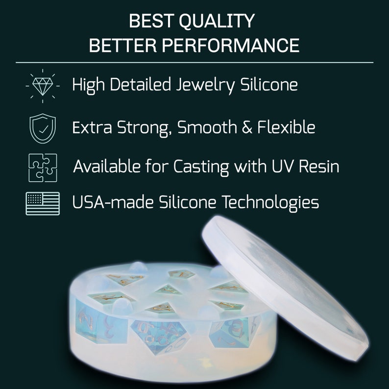 May include: A clear silicone mold for casting dice. The mold is open and shows six dice inside. The mold is round and has a lid. The mold is made in the USA and is designed for casting with UV resin.