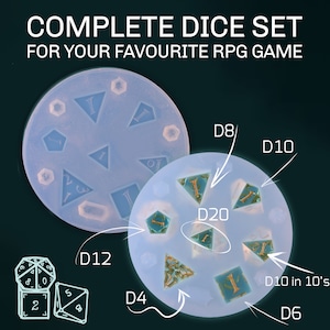 May include: A set of clear silicone molds for making resin dice. The molds are arranged in a circle and labeled with the number of sides on each die: D4, D6, D8, D10, D12, and D20. The molds are on a black background.