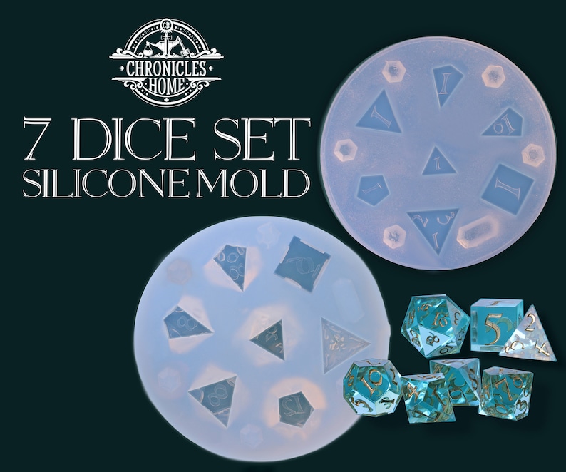 May include: A clear silicone mold for making seven dice. The mold is shown with a set of seven dice made from the mold. The dice are a light blue color with gold numbers.
