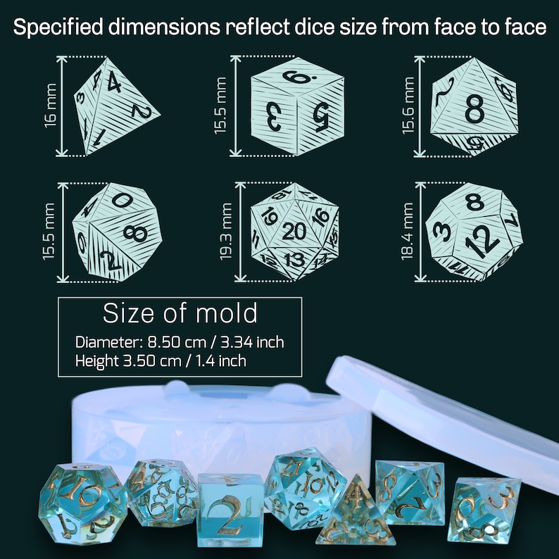 May include: A set of seven clear blue polyhedral dice with gold accents in a silicone mold. The dice are numbered 1-20 and are approximately 1.4 inches in diameter. The mold is 3.34 inches in diameter and 1.4 inches tall.