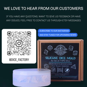 May include: A white silicone mold for making seven different dice. The mold is shaped like a circle and has a raised design of the dice faces. The mold is on a brown surface with a box behind it. The box is brown and has a black label with the text "Silicone Dice Mold for Set of 7 RPG Dice" and "D4-D6-D8-D10-2D10-D12-D20". The box also has a logo with the text "Chronicles Home".
