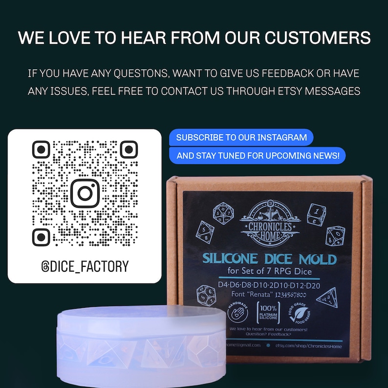 May include: A white silicone mold for making seven different dice. The mold is shaped like a circle and has a raised design of the dice faces. The mold is on a brown surface with a box behind it. The box is brown and has a black label with the text "Silicone Dice Mold for Set of 7 RPG Dice" and "D4-D6-D8-D10-2D10-D12-D20". The box also has a logo with the text "Chronicles Home".