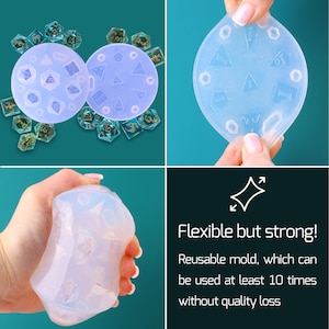 May include: Two clear silicone molds for making dice. The molds are round and have a raised design of dice faces. The molds are flexible and can be used at least 10 times without quality loss. "Flexible but strong!" is written in black text on a white background.