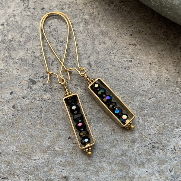 Earrings, Elegant and geometric, Hematite-Black rainbow-shimmering, Bohemian glass beads, modern stylish chandelier dangle statement