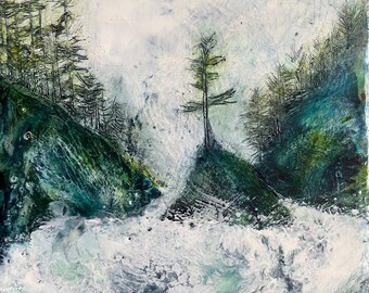 Determined to Dance 6x6 encaustic seascape pacific northwest trees resilience michelle vandyk landscape painting grad gift blue green grey