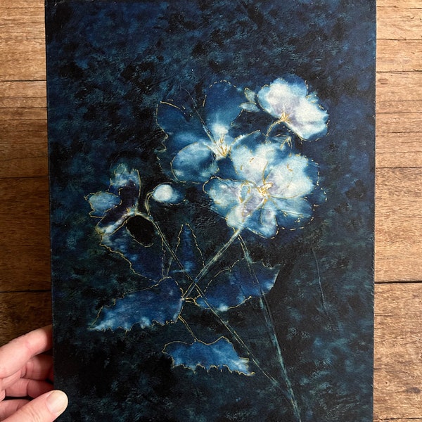 Roses blue botanical cyanotype wall art rectangle 9x12 original handmade michelle vandyk garden botanical wallhanging indigo monotype gift