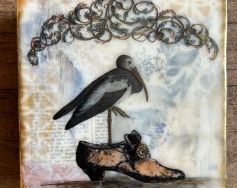 If the Shoe Fits...encaustic mixed media wall art 6" square original mixed media art michelle vandyk vintage vignette antique gift office