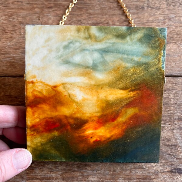 Communion 1 encaustic 4" abstract landscape gold chain wallhanging original handmade art michelle vandyk painting nature scene gift