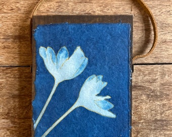 Cyclamen blue floral cyanotype wallhanging small original handmade garden art michelle vandyk wall art gardener gift farmhouse vintage