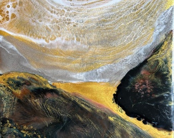 Earth Song 1 encaustic landscape small painting mountain scene valley art river painting gold white earth tones michelle vandyk art gift