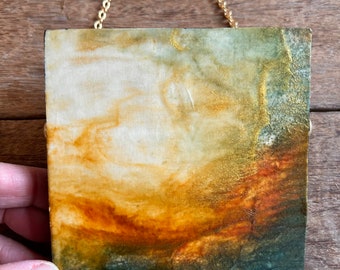 Communion 2 encaustic abstract miniature landscape earth tones original handmade art michelle vandyk nature painting gold chain wallhanging