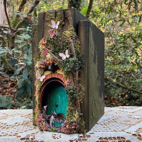 Custom Antiqued Rustic Bookshelf Fairy Houses/SAMPLES Book Art Pieces/Decorated Book Art/Book Gifts/Fairy Gifts
