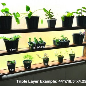 May include: A wooden shelf unit with three tiers, designed to hold potted plants. The shelf is 44 inches long, 18.5 inches wide, and 4.25 inches deep. The shelf is filled with various plants in different sized pots, including a 6-inch pot, a 3.5-inch pot, a 4-inch pot, and a 2-inch by 3-inch tray.