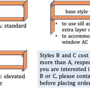 May include: Diagram showing three different base styles for a shelf unit. Style A is standard, style B is elevated with a bottom layer, and style C has an extra layer for a window air conditioner. Styles B and C cost $9 and $20 more than style A, respectively. Contact the seller before placing an order for styles B or C.