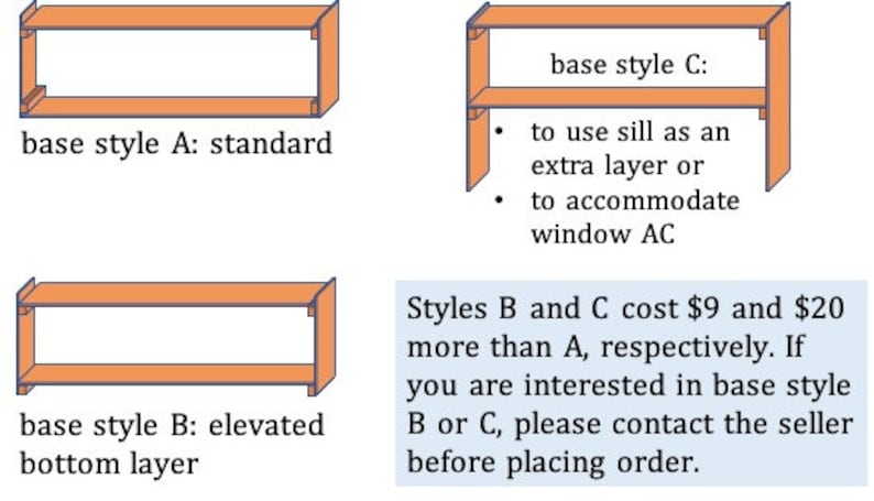 May include: Diagram showing three different base styles for a shelf unit. Style A is standard, style B is elevated with a bottom layer, and style C has an extra layer for a window air conditioner. Styles B and C cost $9 and $20 more than style A, respectively. Contact the seller before placing an order for styles B or C.