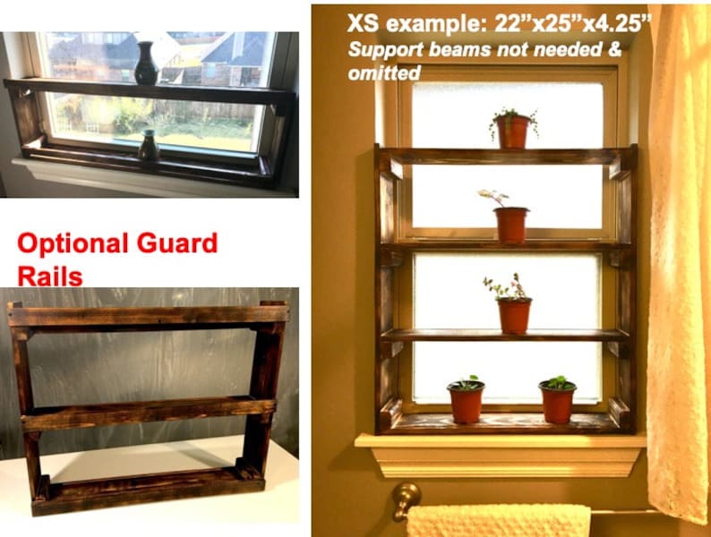 May include: A wooden window shelf with three shelves, measuring 22 inches by 25 inches by 4.25 inches. The shelf is installed above a window and has potted plants on each shelf. The text "XS example: 22"x25"x4.25" Support beams not needed & omitted" is visible in the image.