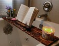 Rustic Bath Caddy for Book Lovers, with wet zone,  candle holder, wine glass holder, cup holder, book stand,  phone stand, tablet stand