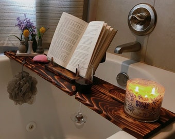 Rustic Bath Caddy for Book Lovers, with wet zone,  candle holder, wine glass holder, cup holder, book stand,  phone stand, tablet stand