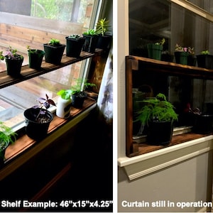 May include: A double-layer wooden shelf with plants in pots, mounted on a windowsill. The shelf is 46 inches long, 15 inches wide, and 4.25 inches deep. The text "Double Layer Shelf Example: 46"x15"x4.25" " is visible below the shelf. The second image shows a similar shelf with plants in pots, mounted on a windowsill. The text "Curtain still in operation" is visible below the shelf.
