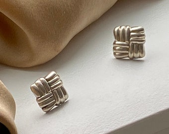 Sterling Silver Earrings ~ Oversized organic shape square pierced bubble 90s modern jewelry