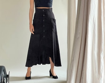 80s Lagerfeld Silk Skirt ~ Minimalist button up flowy skirt in rich black, size S FR 38 - 1980's vintage designer clothing