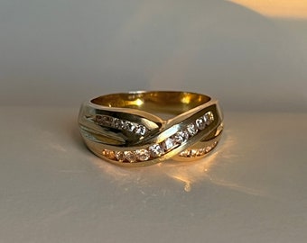 Champagne Diamond Wave Ring size 6 ~ 14k Solid Gold sculptural organic shape jewelry - 90's vintage