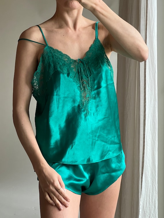 90s Satin Sleepwear Set - Lace trim rich emerald … - image 5