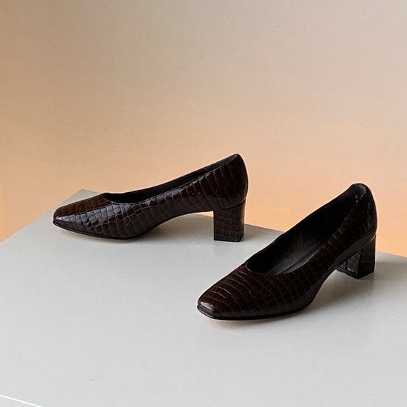 Cocoa Leather Pumps ~ 1990s vintage brown block h… - image 9