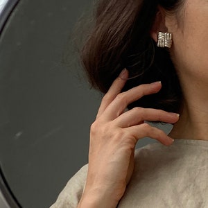 Sterling Silver Earrings Oversized organic shape square pierced bubble 90s modern jewelry image 2