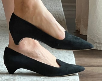 Armani Collezioni Suede Pumps ~ 1990s vintage Black kitten heel shoes - gorgeous stylized square vamp leather 1990s pumps size 7US