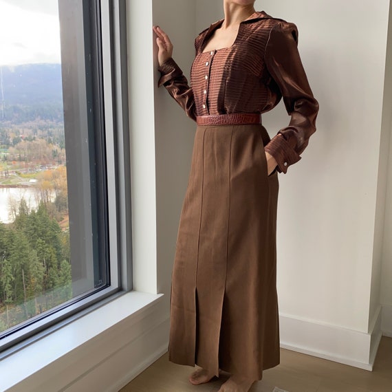Brown Pleated Skirt ~ Soft long wool maxi sheath s