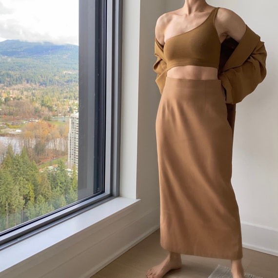 Caramel Wool Skirt ~ Soft long camel maxi sheath s