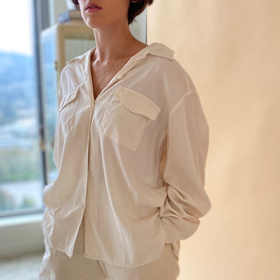 Matte Silk Blouse ~ Cream silk blouse size XL ~ So