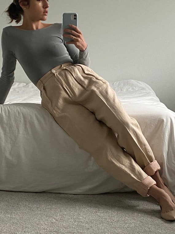 Tan Linen Trousers ~ Soft woven high waist slacks… - image 3
