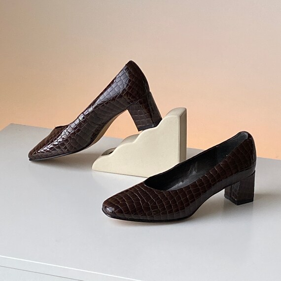 Cocoa Leather Pumps ~ 1990s vintage brown block h… - image 3