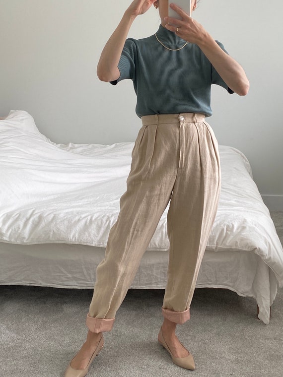 Tan Linen Trousers ~ Soft woven high waist slacks… - image 7