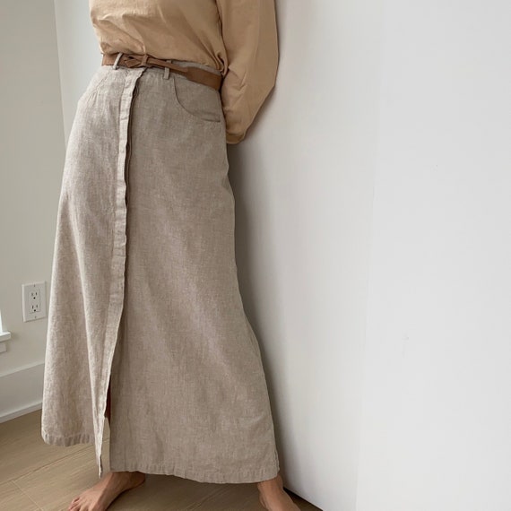 Heavy Linen Skirt ~ Beige thick button front skirt