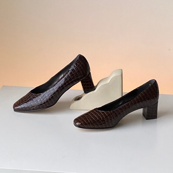 Cocoa Leather Pumps ~ 1990s vintage brown block h… - image 8