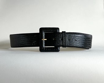 Black Leather Belt Size M ~ Crocodile Finish, Square Buckle - 1990's Vintage Accessories